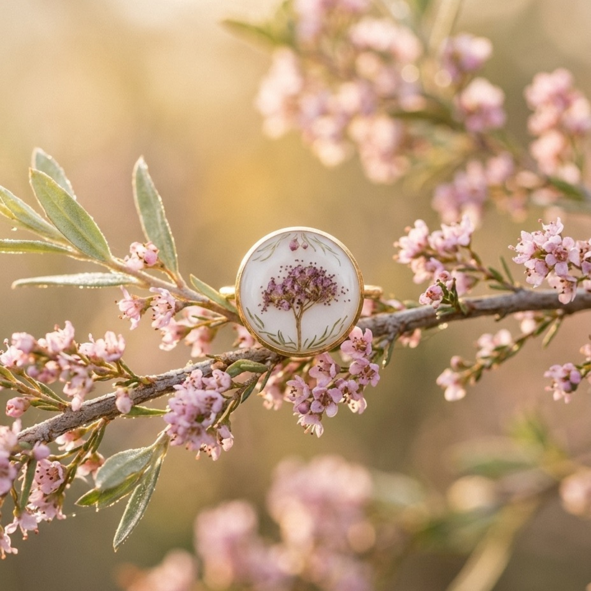 Anillo Jardín Silvestre con flor natural prensada en resina – joyería artesanal de El Born, Barcelona