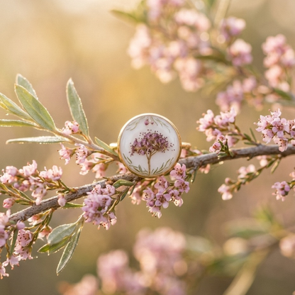 Anillo Jardín Silvestre con flor natural prensada en resina – joyería artesanal de El Born, Barcelona