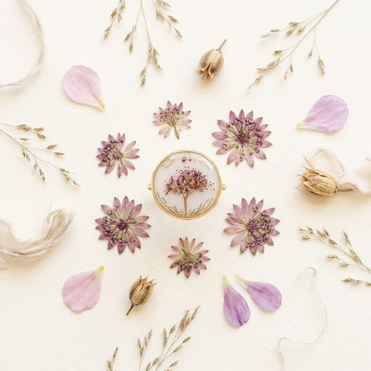 Anillo Jardín Silvestre con flor natural prensada en resina – hecho a mano en Barcelona