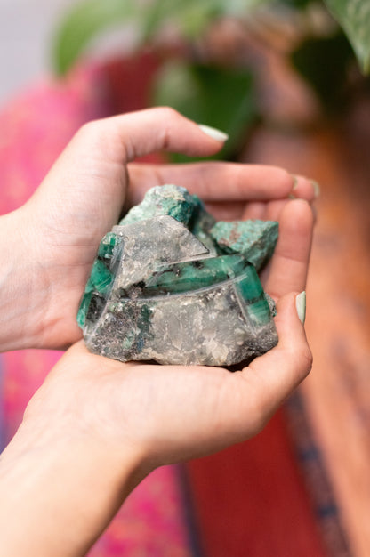 Drusa de esmeralda en raíz, mineral natural de colección, en MolaMon, El Born, Barcelona